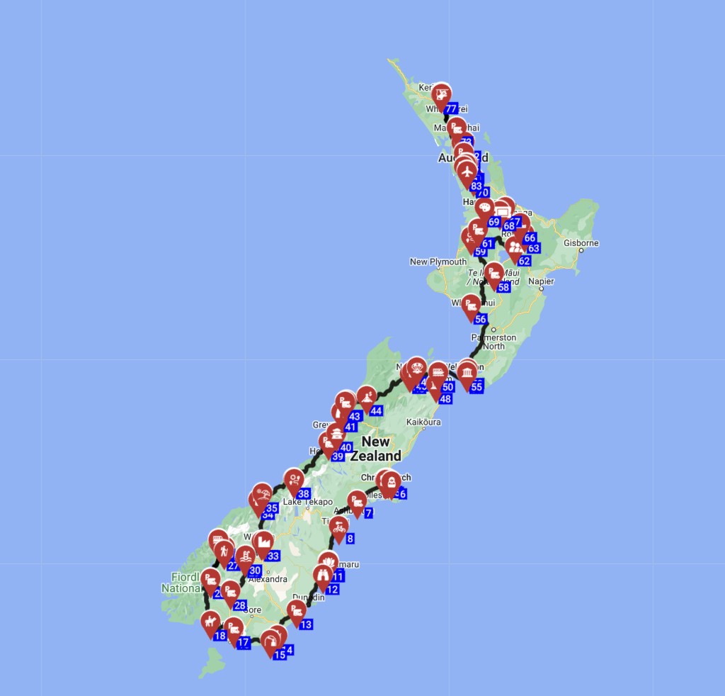 Map for Christchurch  to Auckland - The Ultimate Kiwi Road Trip Mountains Moors  Movie Sets